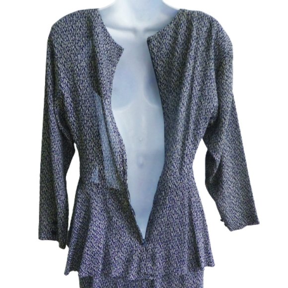 Vintage Secretary Pinup Dress Midi Navy White Geo Peplum Back Zipper USA SP - Picture 5 of 8